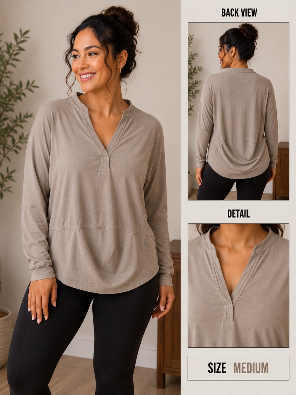 lululemon athletica Taupe Relaxed V-Neck Long Sleeve Top MEDIUM pit to pit 19”